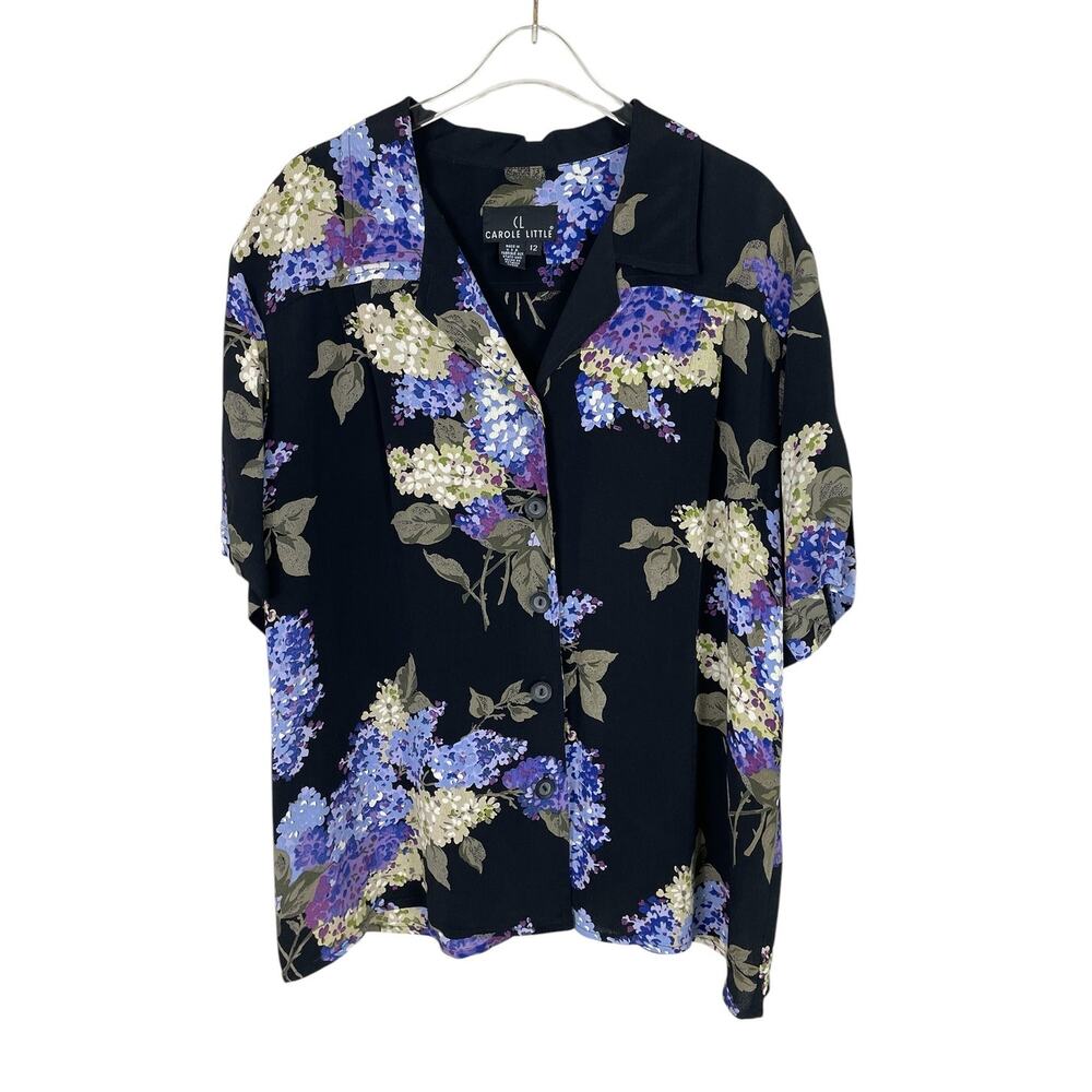 Vtg Carole Little Rayon Hydrangea Floral Button Front Blouse Top Sz 12 Cottage